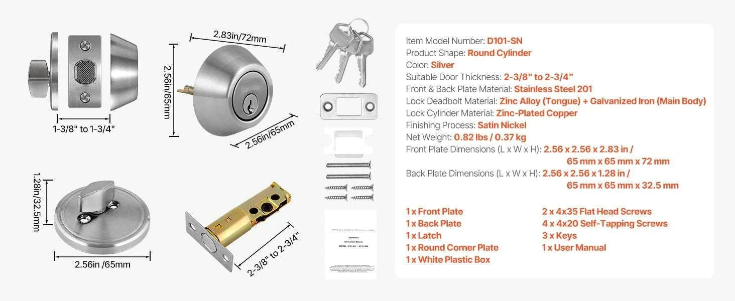 Single Cylinder Deadbolt Lock with 3 Keys for Interior & Exterior Doors-Silver / United States
