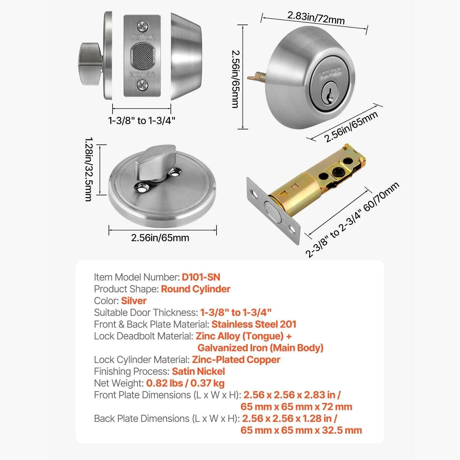 Single Cylinder Deadbolt Lock with 3 Keys for Interior & Exterior Doors-Silver / United States