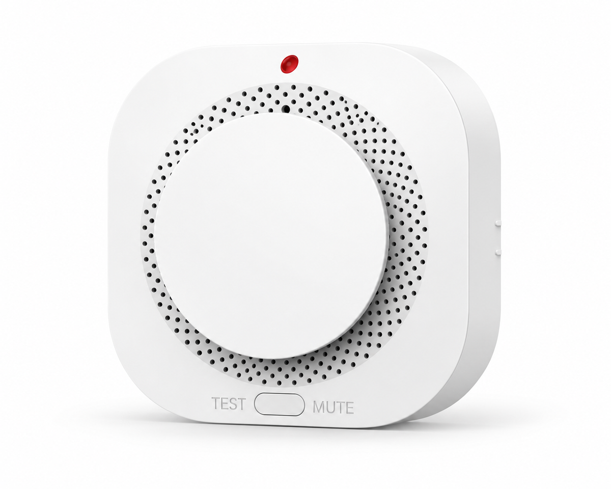 White smoke alarm with test and mute button on white background
