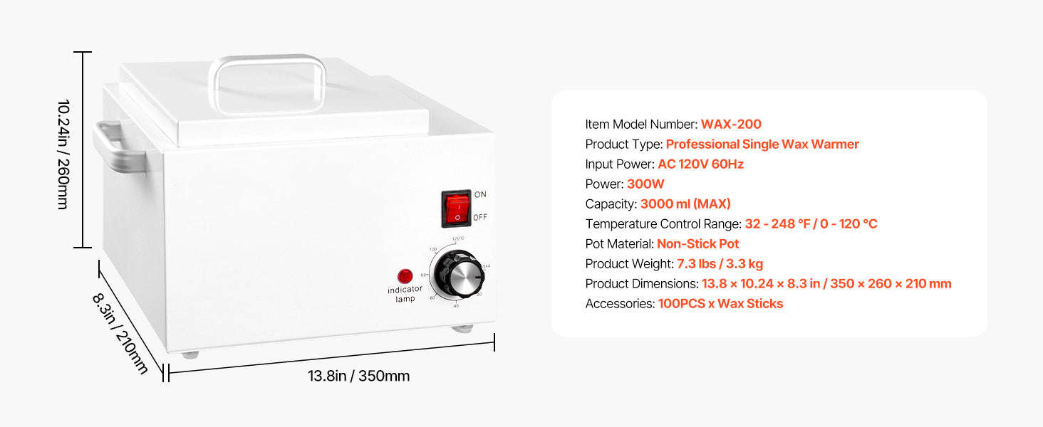 Single Wax Warmer 300W with 100 Wax Sticks-2500ml / United States