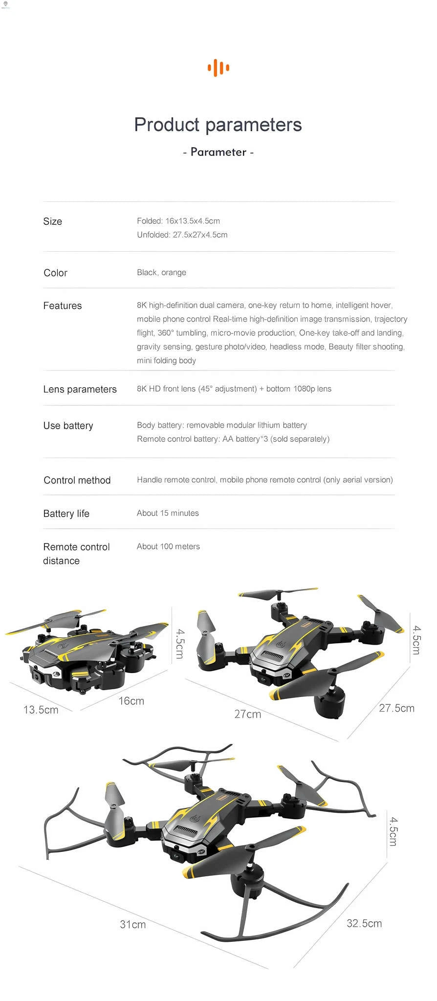 SkyRider G6 Professional Drone-Yellow Dual 8K-1B