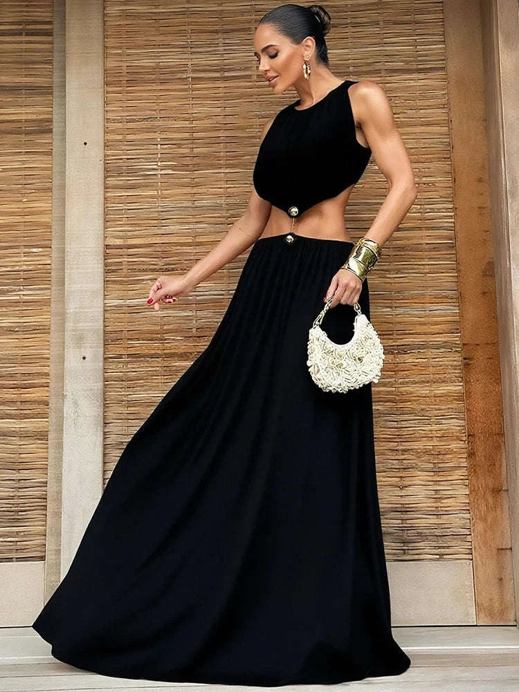 Sleeveless Halter Maxi Dress with Hollow Out Detail-Ivory / L