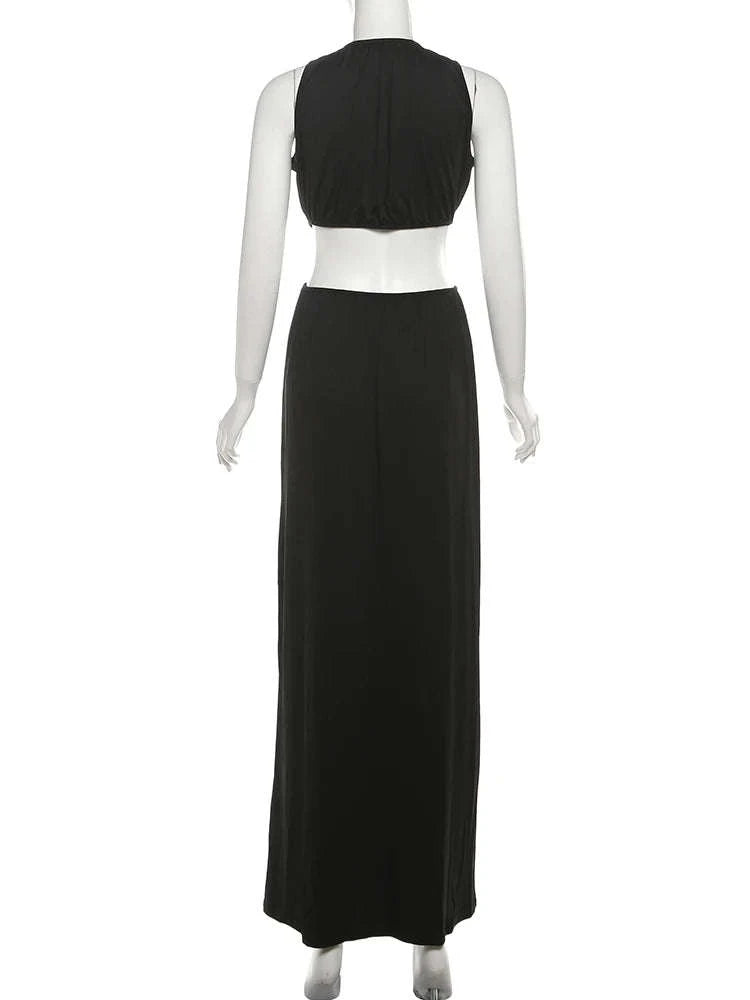 Sleeveless Halter Maxi Dress with Hollow Out Detail-Ivory / L