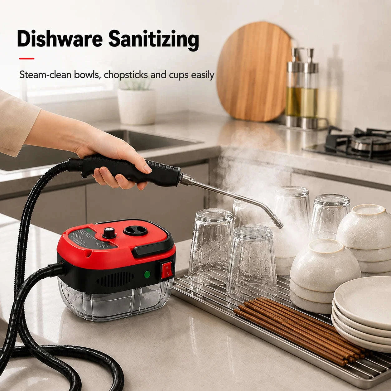 Small Portable High-Pressure Steam Cleaner with Brush Heads and Extended Hose-White / United States