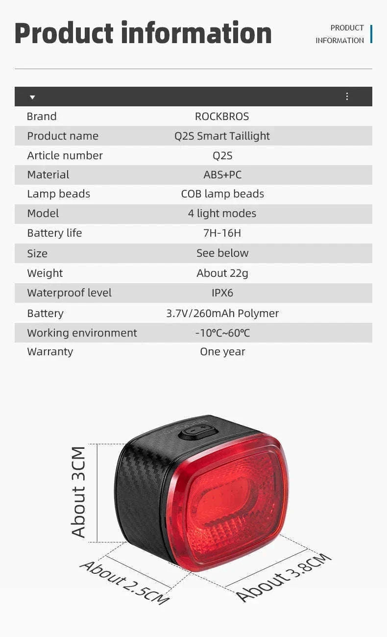 Smart Bicycle Brake Light with Auto Stop & USB-C Rechargeable-Q2