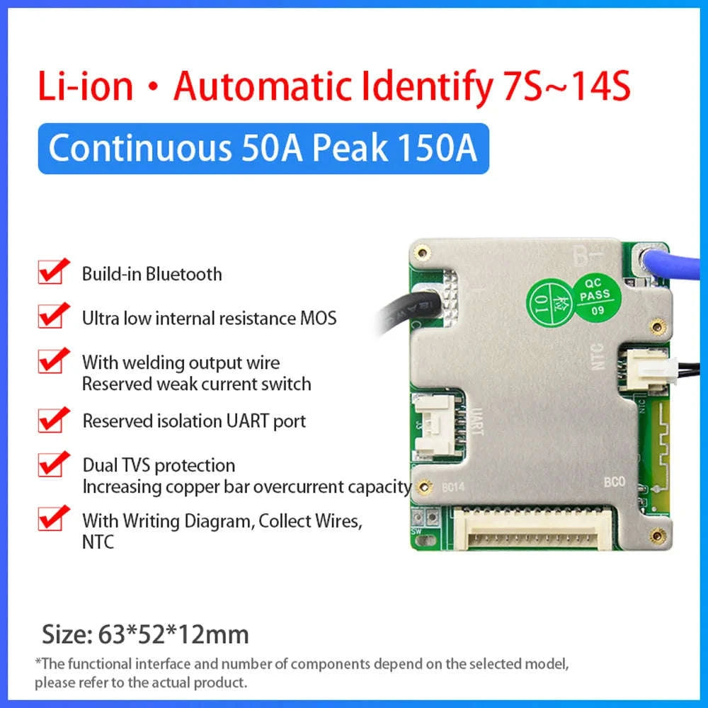 Smart BMS 7S–14S 24V 36V 48V Battery Management System with Bluetooth-3.7V NMC 20A / Build-in BT / China Mainland