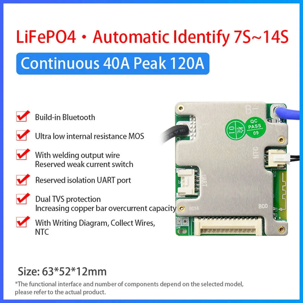 Smart BMS 7S–14S 24V 36V 48V Battery Management System with Bluetooth-3.7V NMC 20A / Build-in BT / China Mainland