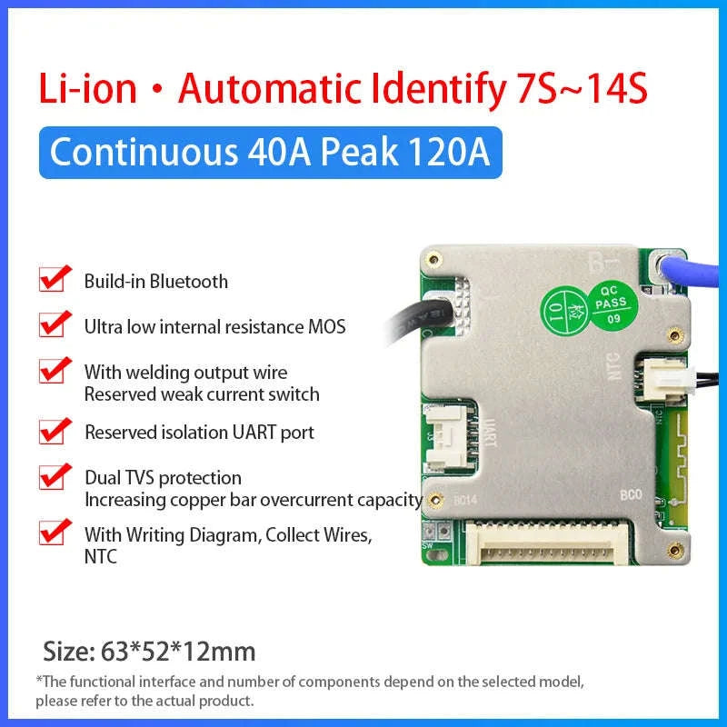 Smart BMS 7S–14S 24V 36V 48V Battery Management System with Bluetooth-3.7V NMC 20A / Build-in BT / China Mainland