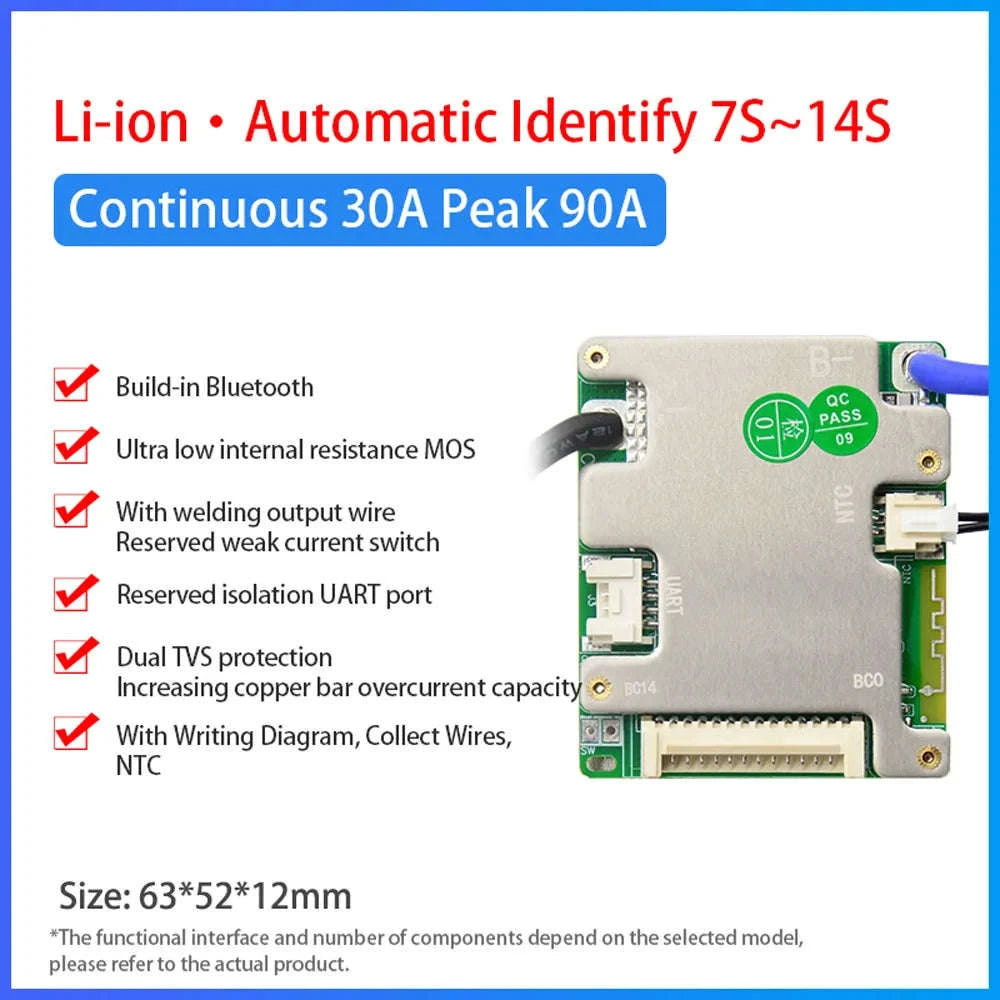 Smart BMS 7S–14S 24V 36V 48V Battery Management System with Bluetooth-3.7V NMC 20A / Build-in BT / China Mainland