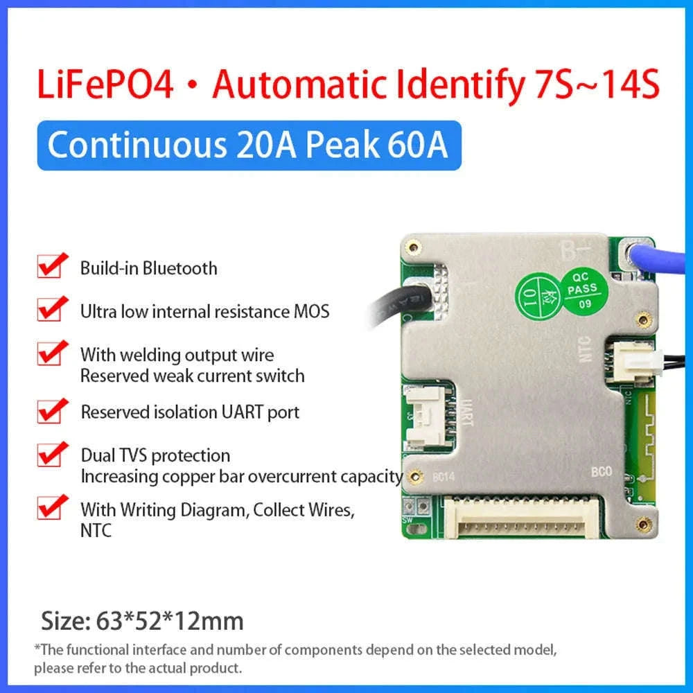 Smart BMS 7S–14S 24V 36V 48V Battery Management System with Bluetooth-3.7V NMC 20A / Build-in BT / China Mainland