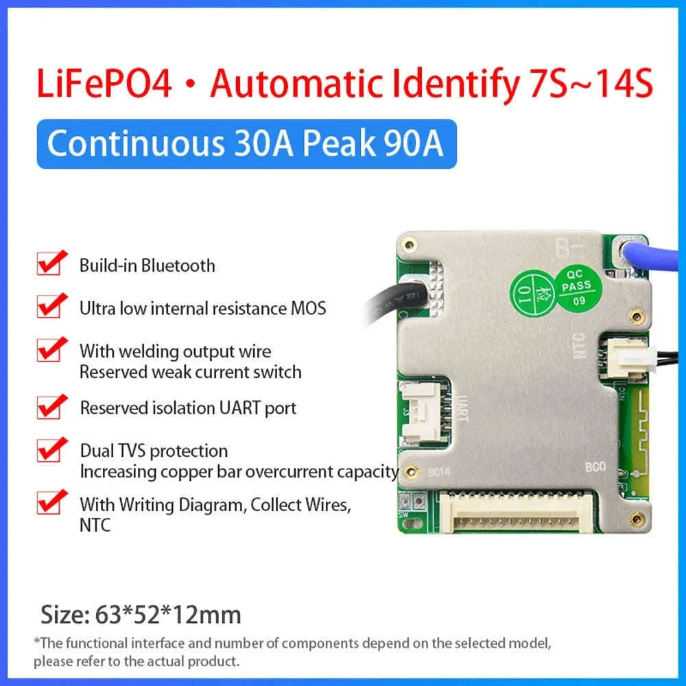 Smart BMS 7S–14S 24V 36V 48V Battery Management System with Bluetooth-3.7V NMC 20A / Build-in BT / China Mainland