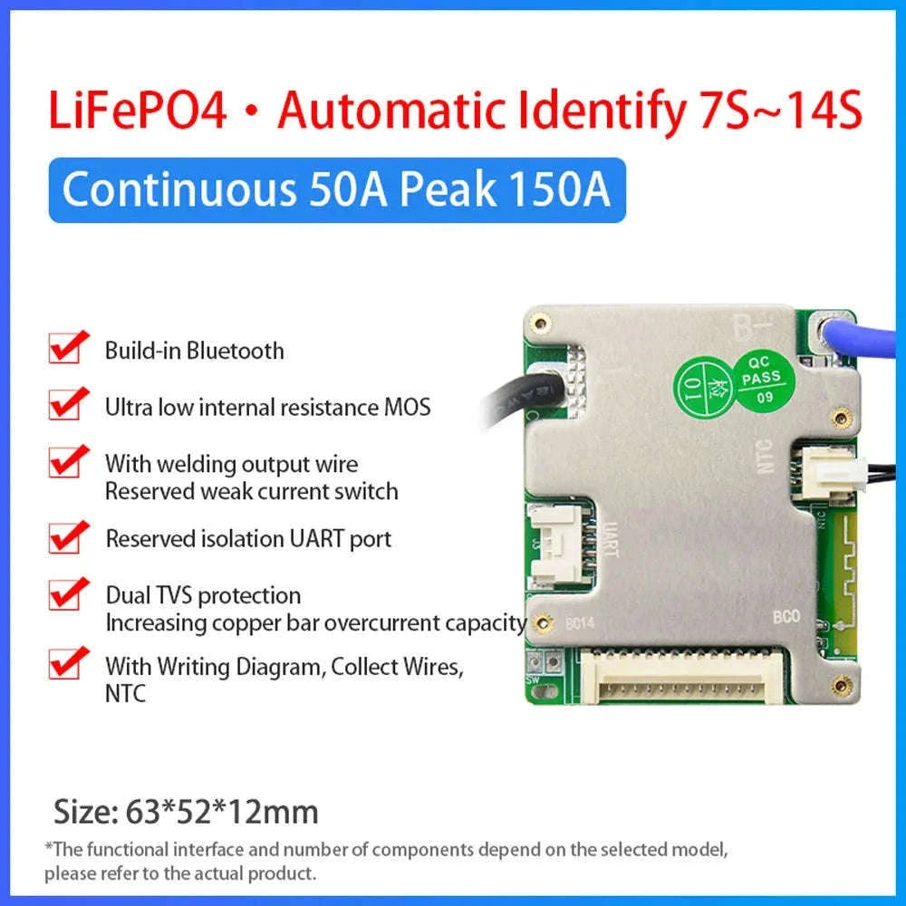 Smart BMS 7S–14S 24V 36V 48V Battery Management System with Bluetooth-3.7V NMC 20A / Build-in BT / China Mainland