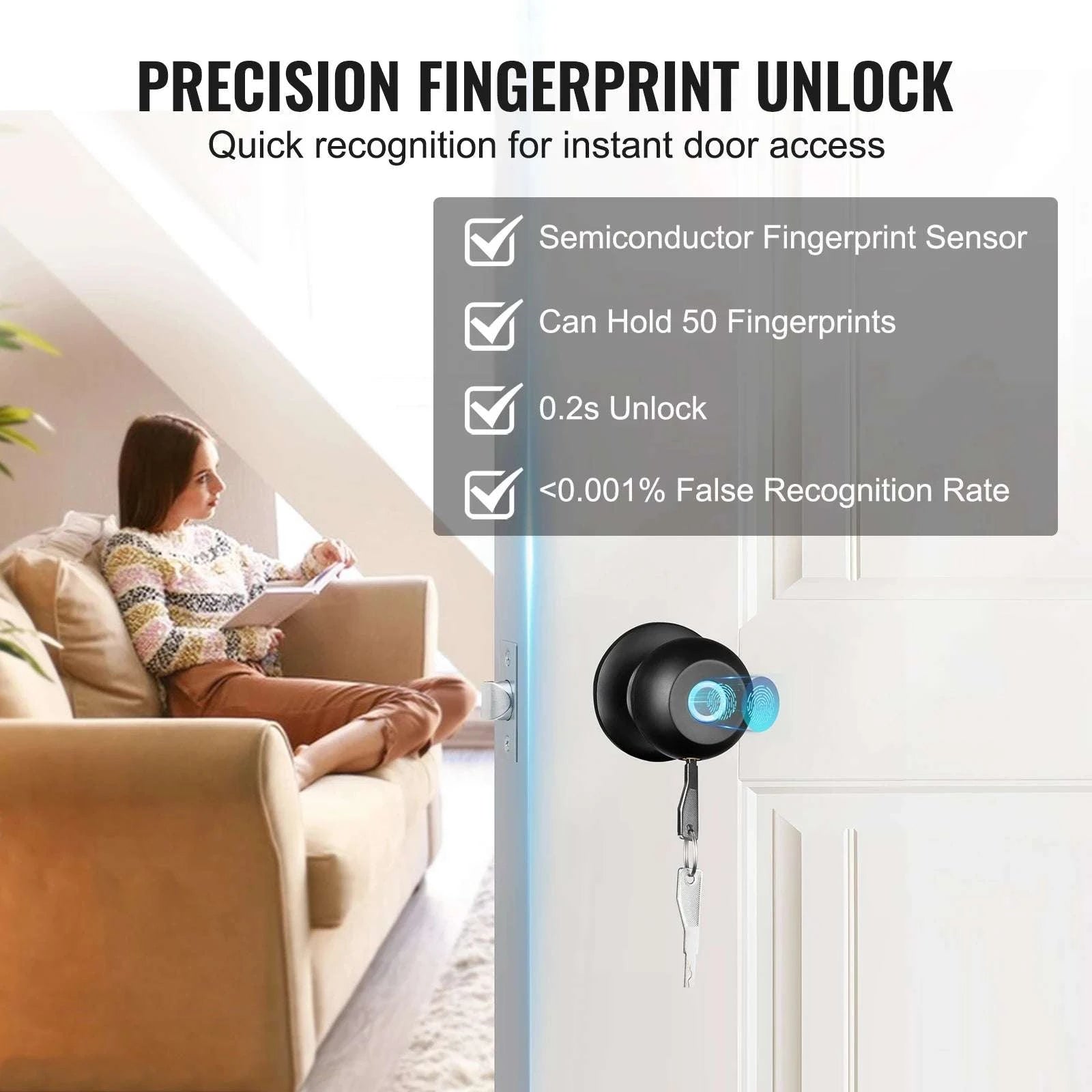 Smart Door Knob with Fingerprint & App Control Keyless Lock-35-50mm Door / United States