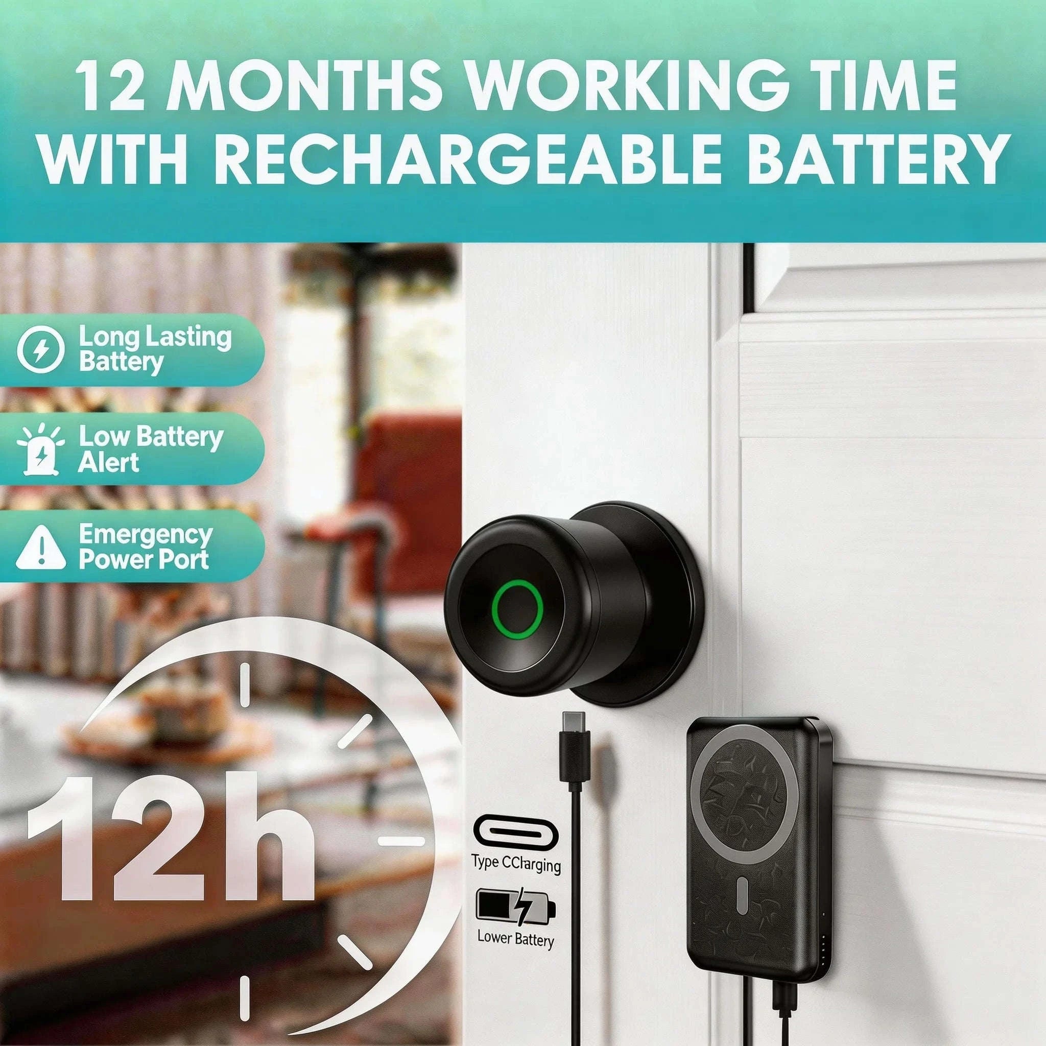Smart Fingerprint Door Knob Lock with App Control-03BK / United States