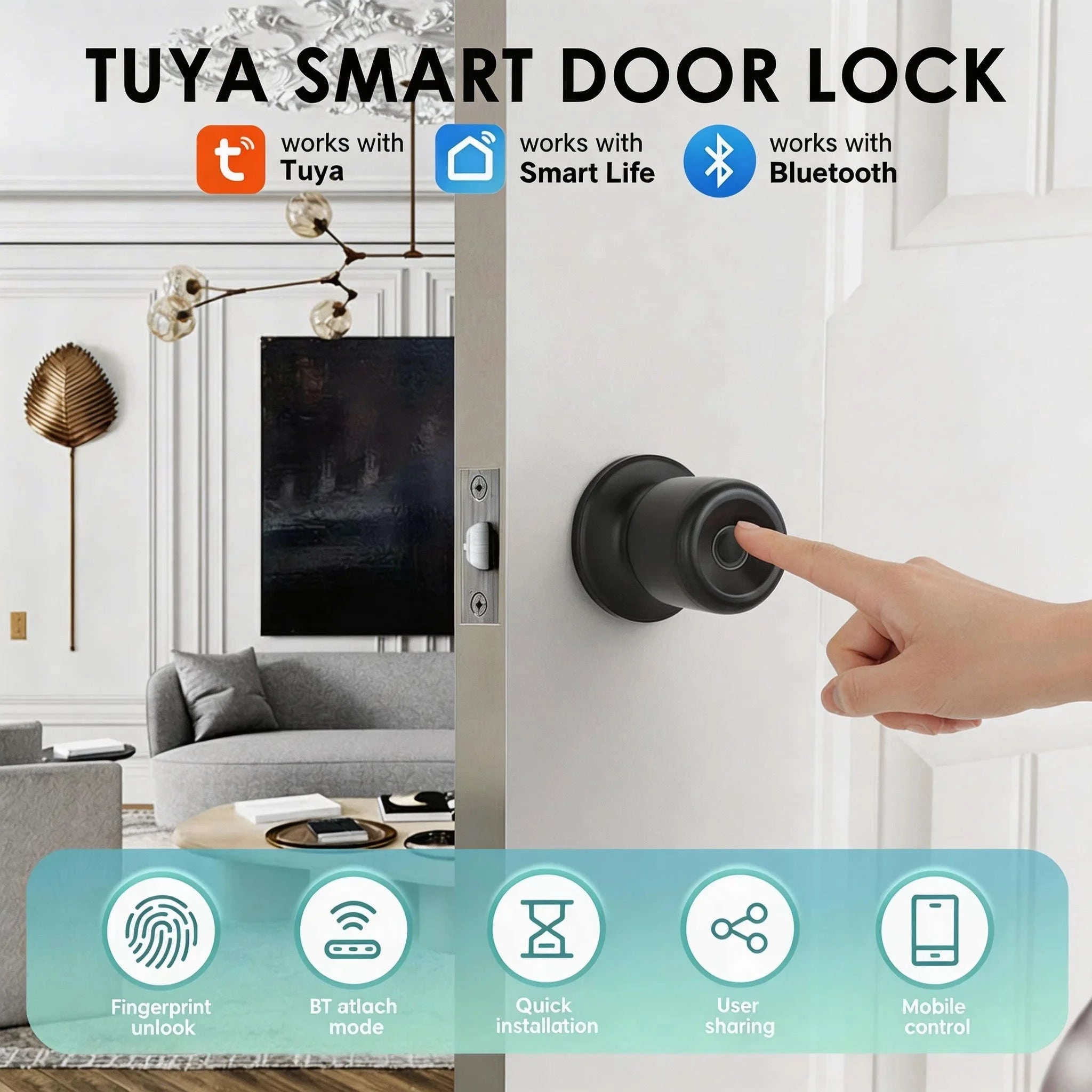 Smart Fingerprint Door Knob Lock with App Control-03BK / United States