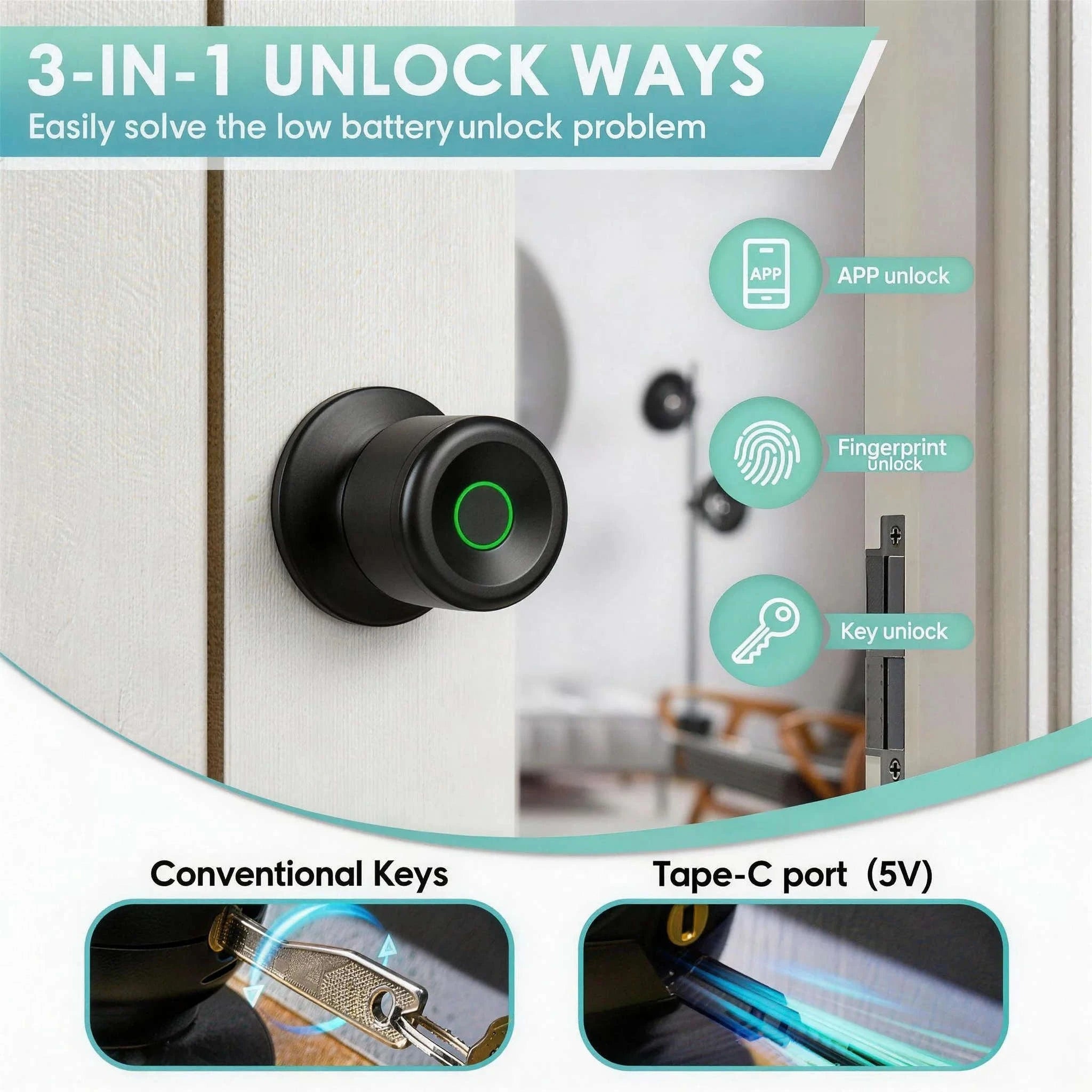 Smart Fingerprint Door Knob Lock with App Control-03BK / United States