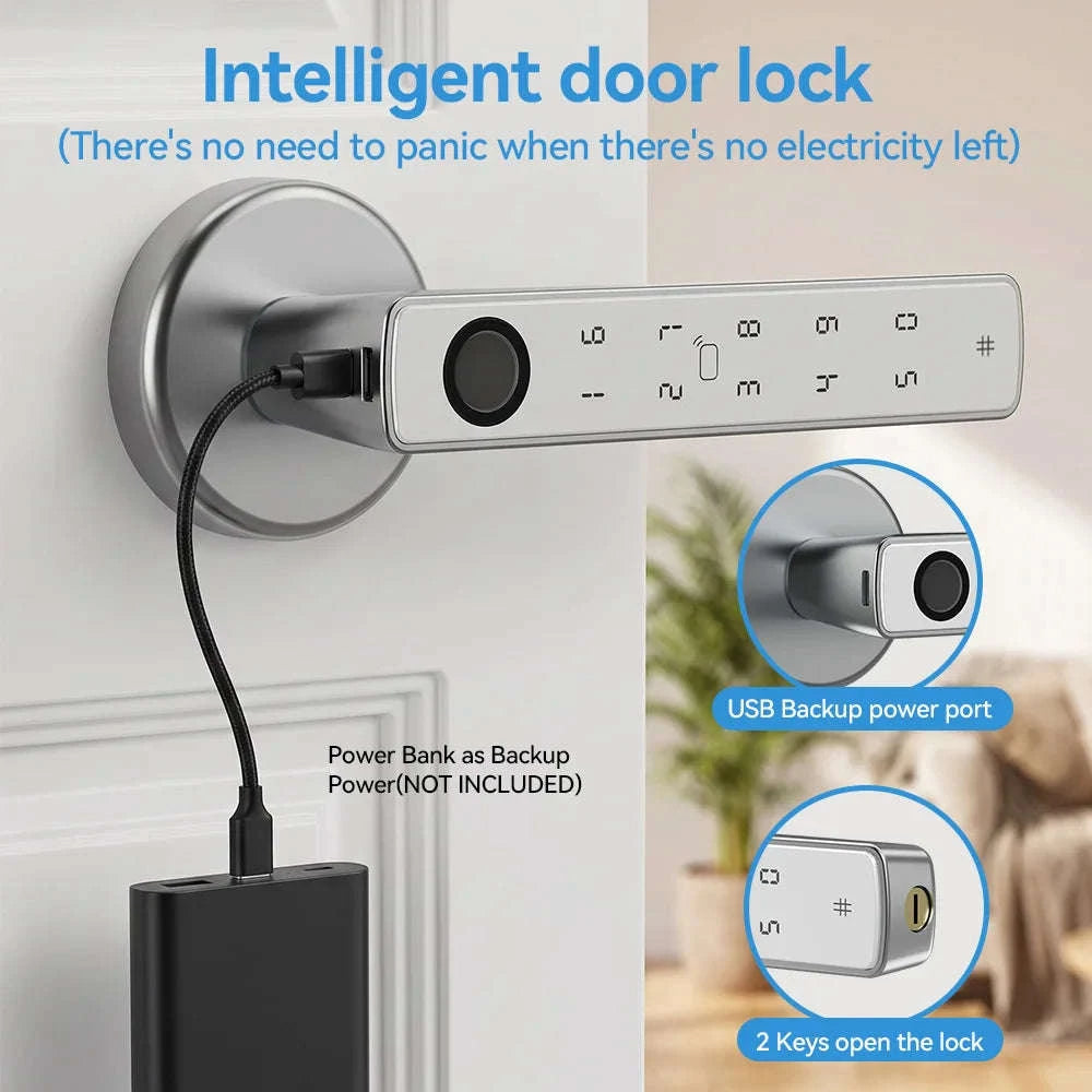 Smart Fingerprint Door Lock Handle 5-in-1 Keyless Entry-Silver / United States
