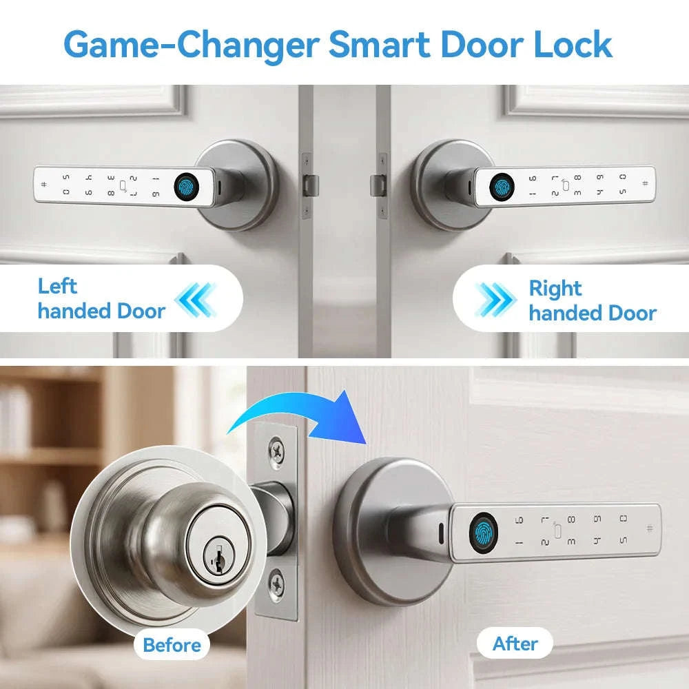 Smart Fingerprint Door Lock Handle 5-in-1 Keyless Entry-Silver / United States