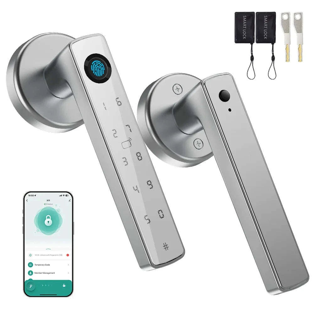 Smart Fingerprint Door Lock Handle 5-in-1 Keyless Entry-Silver / United States