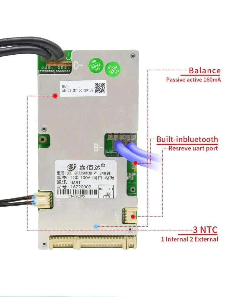 Smart LiFePO4 BMS with Bluetooth Balance Board 40A-100A for E-Bike-40A UART BT / 3.2V LFP / China Mainland