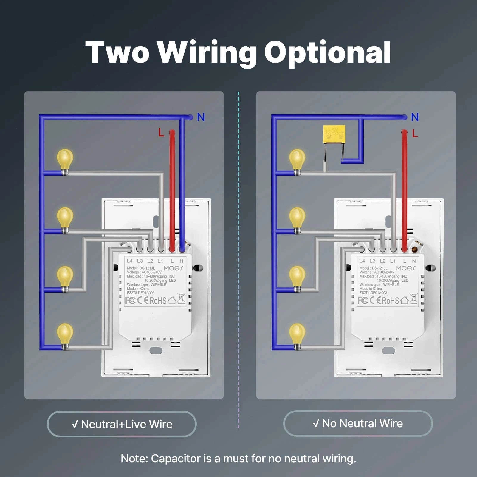 Smart Light Switch No Neutral WiFi Touch Control-2 Gang US Switch / United States