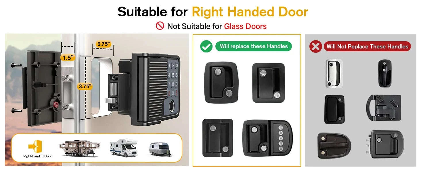 Smart RV Door Lock with Fingerprint, Keypad Remote & Weatherproof Metal-Black / United States