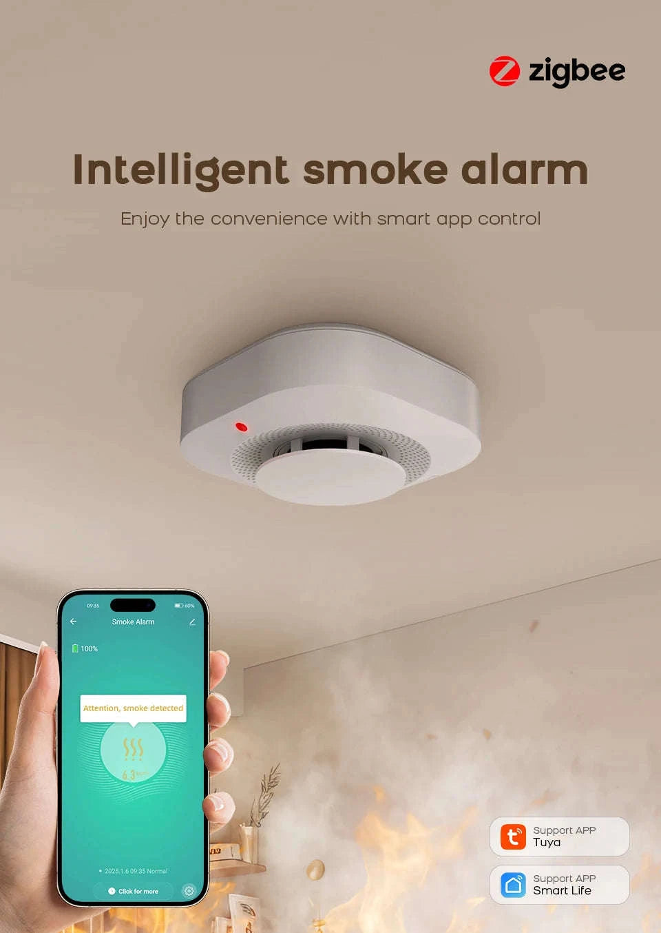 Smart Smoke Detector with App Alerts ZigBee or WiFi Fire Alarm Sensor-Zigbee Smoke Sensor