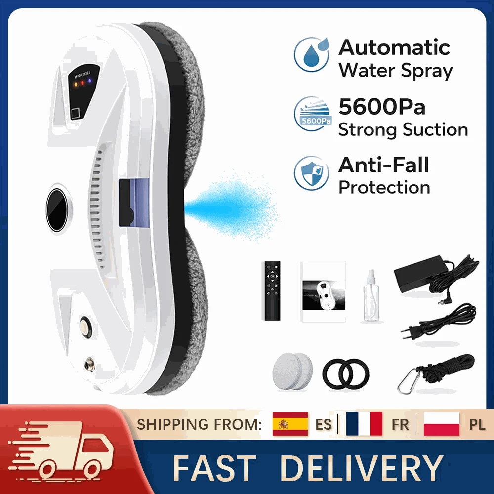 Smart Window Cleaning Robot 5600Pa with Ultrasonic Spray & Remote-WHITE / EU / france|Yes