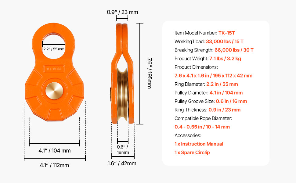 30T Snatch Block Talje til Vinschgenopretning 0,4–0,55" Reb
