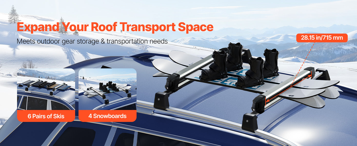 Ski and Snowboard Roof Rack for 6 Pairs of Skis or 4 Snowboards