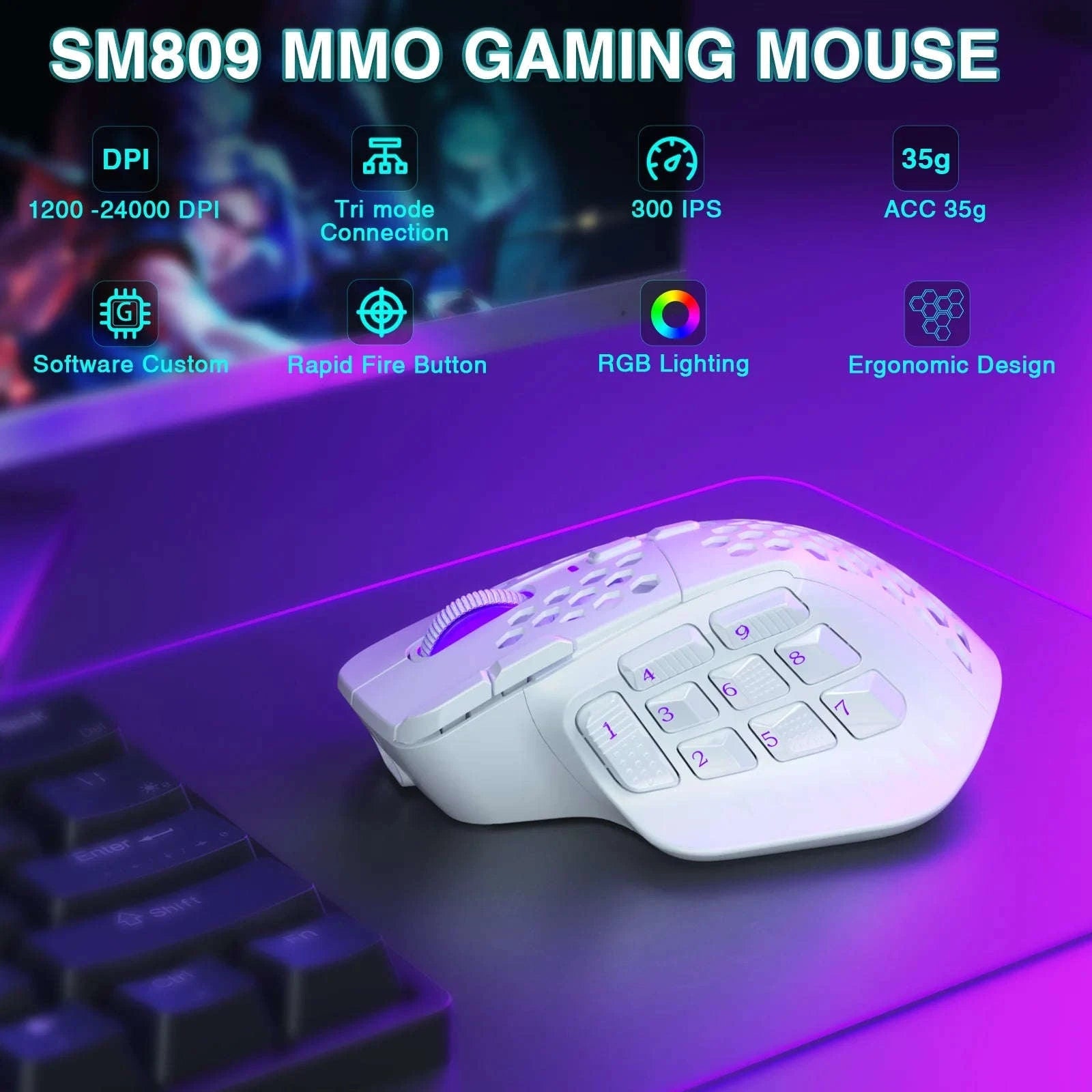 SOLAKAKA SM809 Pro Wireless MMO Gaming Mouse-White Tri-mode / CHINA