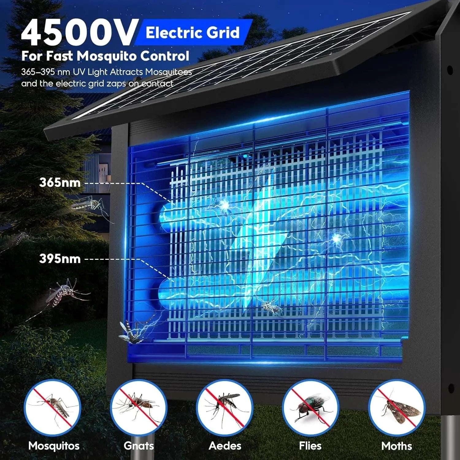Solar Bug Zapper 4500V with Dual Panels & USB, IPX5 Outdoor-black / Blue / United States
