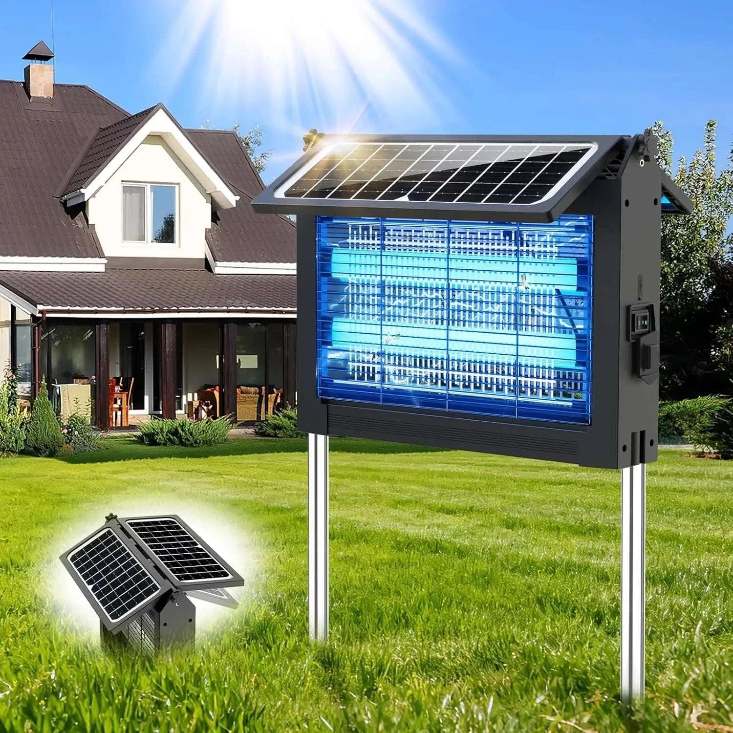 Solar Bug Zapper 4500V with Dual Panels & USB, IPX5 Outdoor-black / Blue / United States
