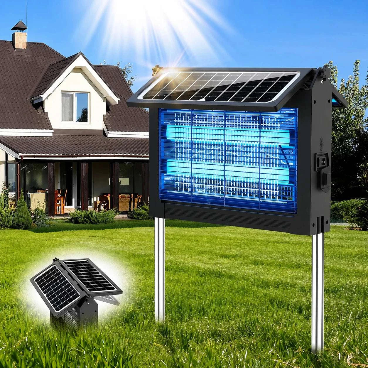 Solar Bug Zapper 4500V with Dual Panels & USB, IPX5 Outdoor-black / Blue / United States