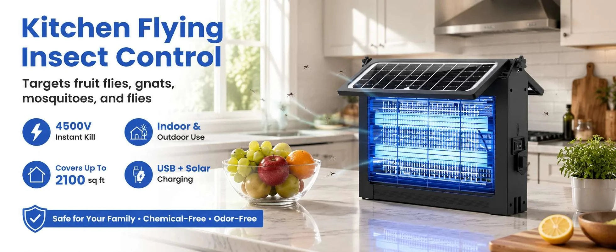 Solar Bug Zapper 4500V with Dual Panels & USB, IPX5 Outdoor-black / Blue / United States