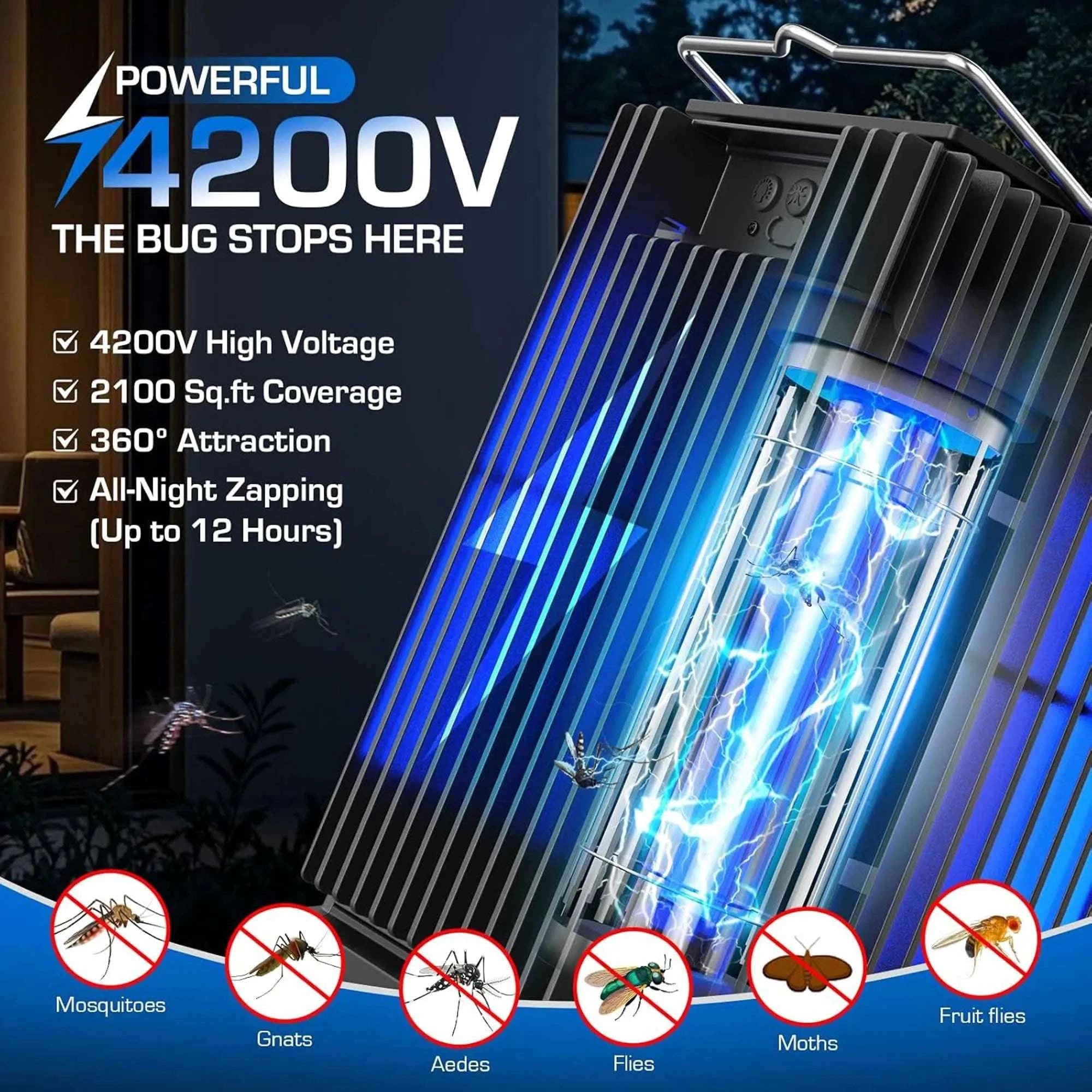 Solar Bug Zapper Outdoor 4200V Mosquito Killer with USB-C Charging-black / Blue / United States
