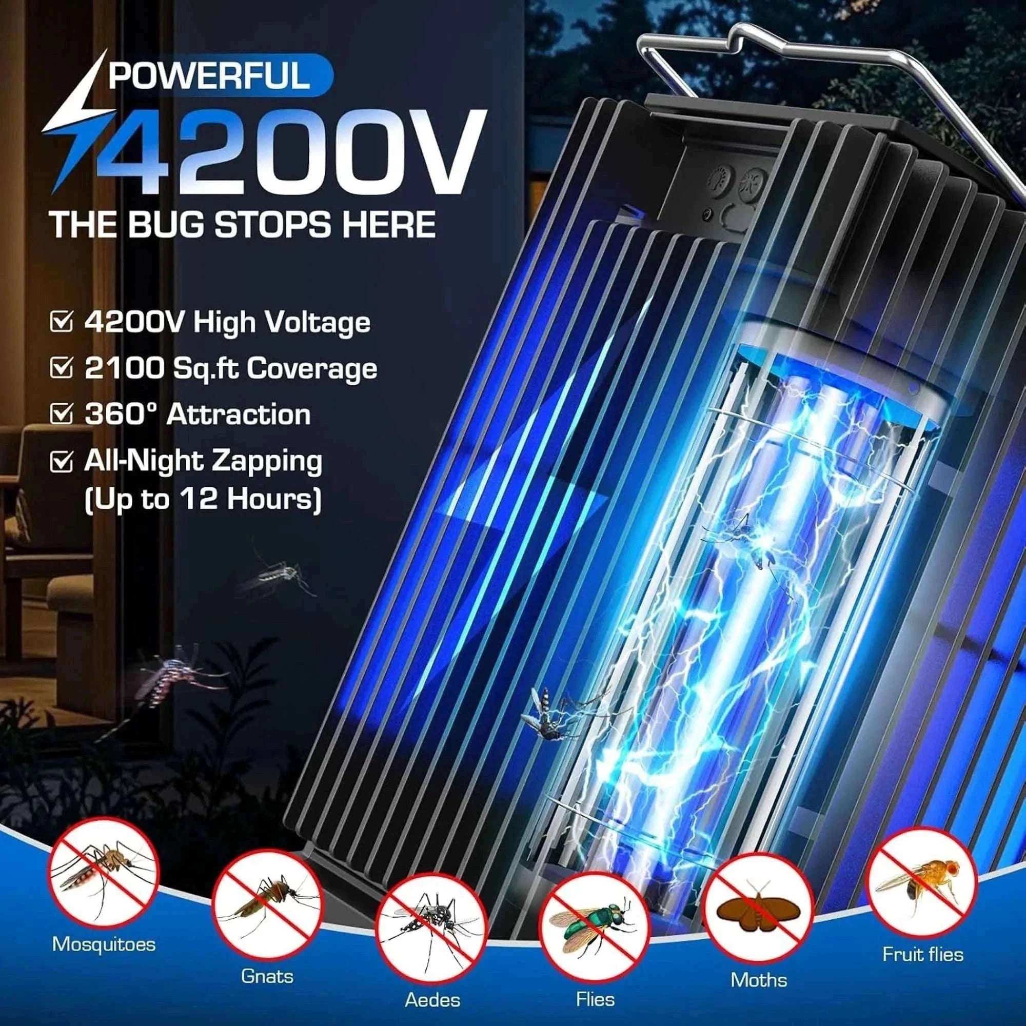 Solar Bug Zapper Outdoor 4200V Mosquito Killer with USB-C Charging-black / Blue / United States