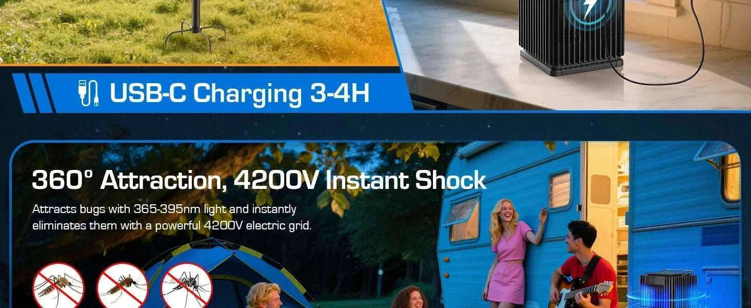 Solar Bug Zapper Outdoor 4200V Mosquito Killer with USB-C Charging-black / Blue / United States