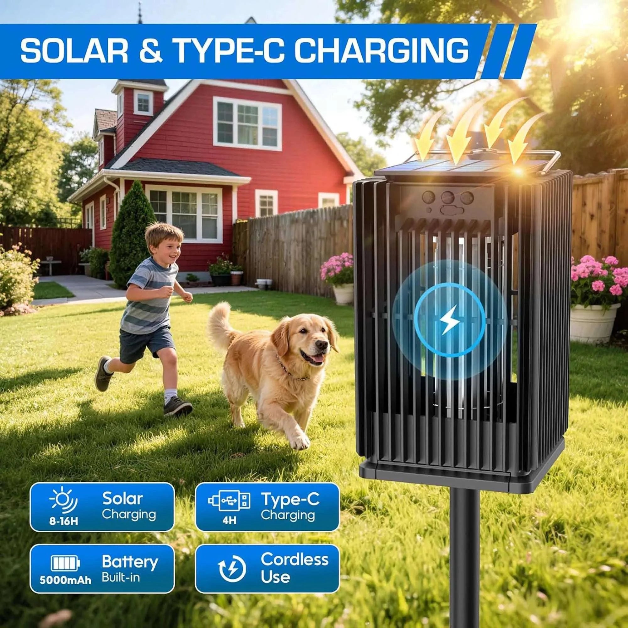 Solar Bug Zapper Outdoor 4200V Mosquito Killer with USB-C Charging-black / Blue / United States