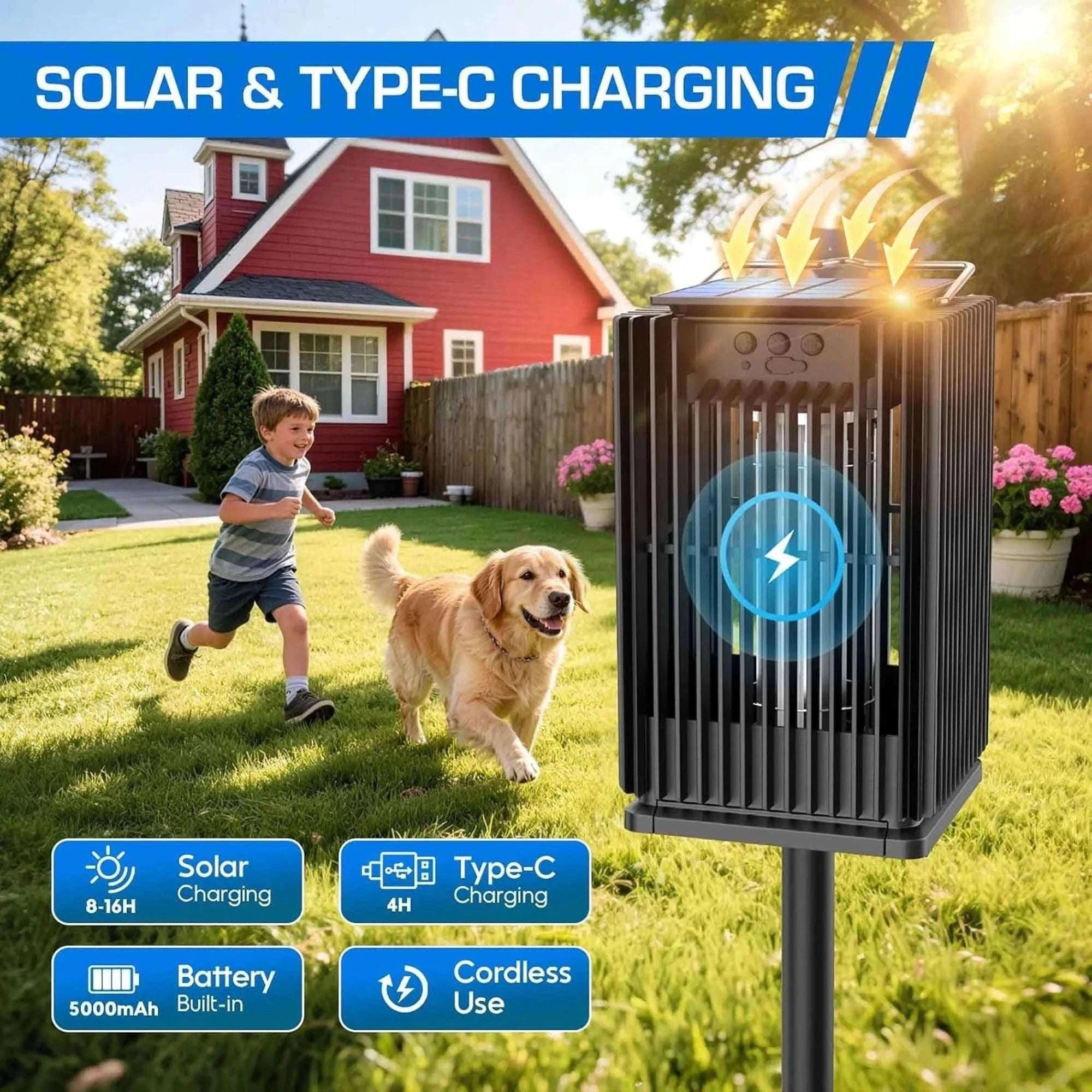 Solar Bug Zapper Outdoor 4200V Mosquito Killer with USB-C Charging-black / Blue / United States