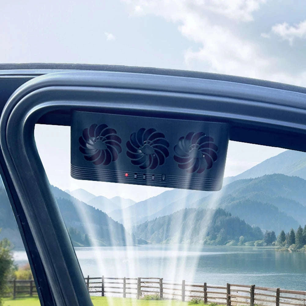 Solar Car Exhaust Fan with 3 Air Outlets and USB Power-Black / United States