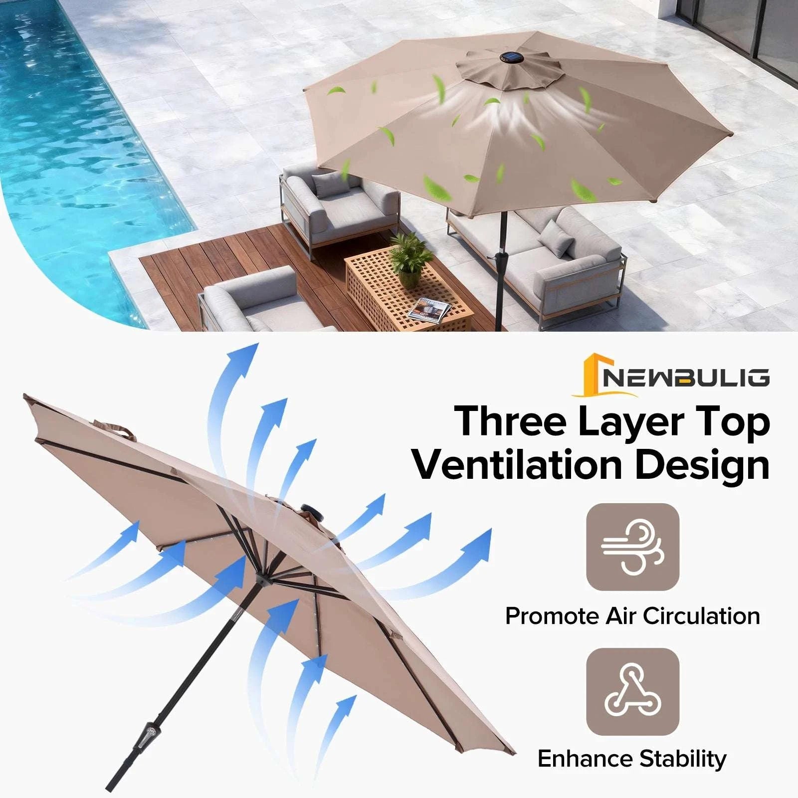 Solar LED Patio Umbrella with Tilt & Crank, 32 Lights Outdoor Shade-RED / United States