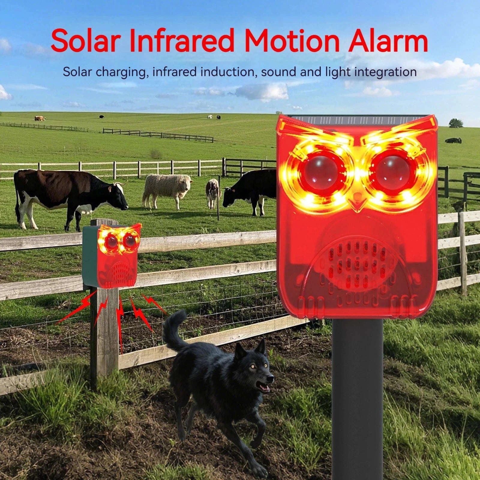 Solar Motion Sensor Alarm with Dog Barking & Gunshot Sounds-Red