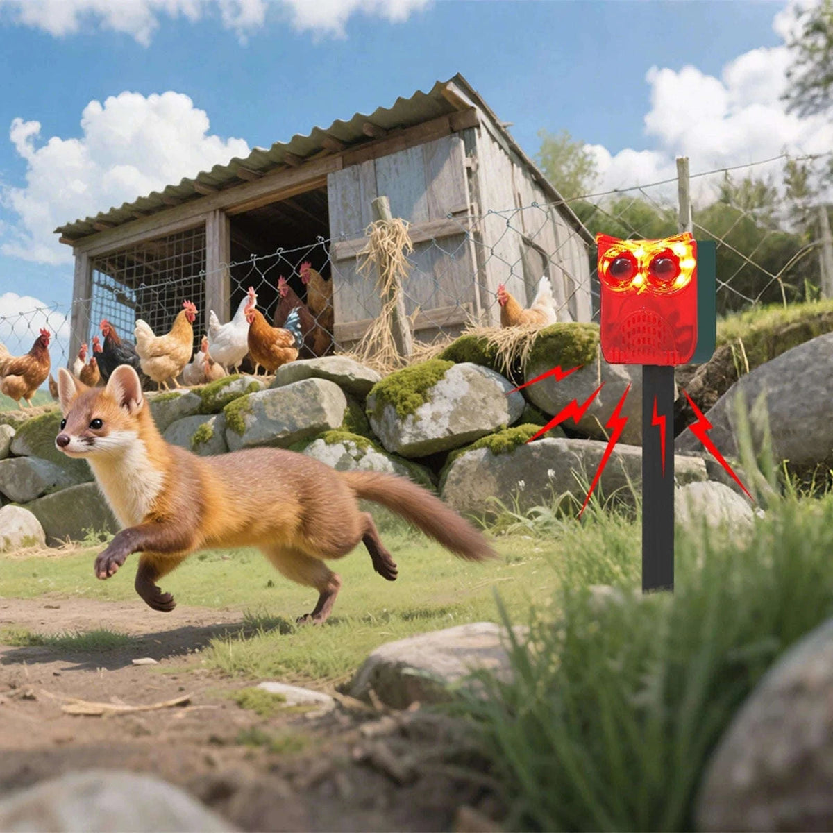 Solar Motion Sensor Alarm with Dog Barking & Gunshot Sounds-Red