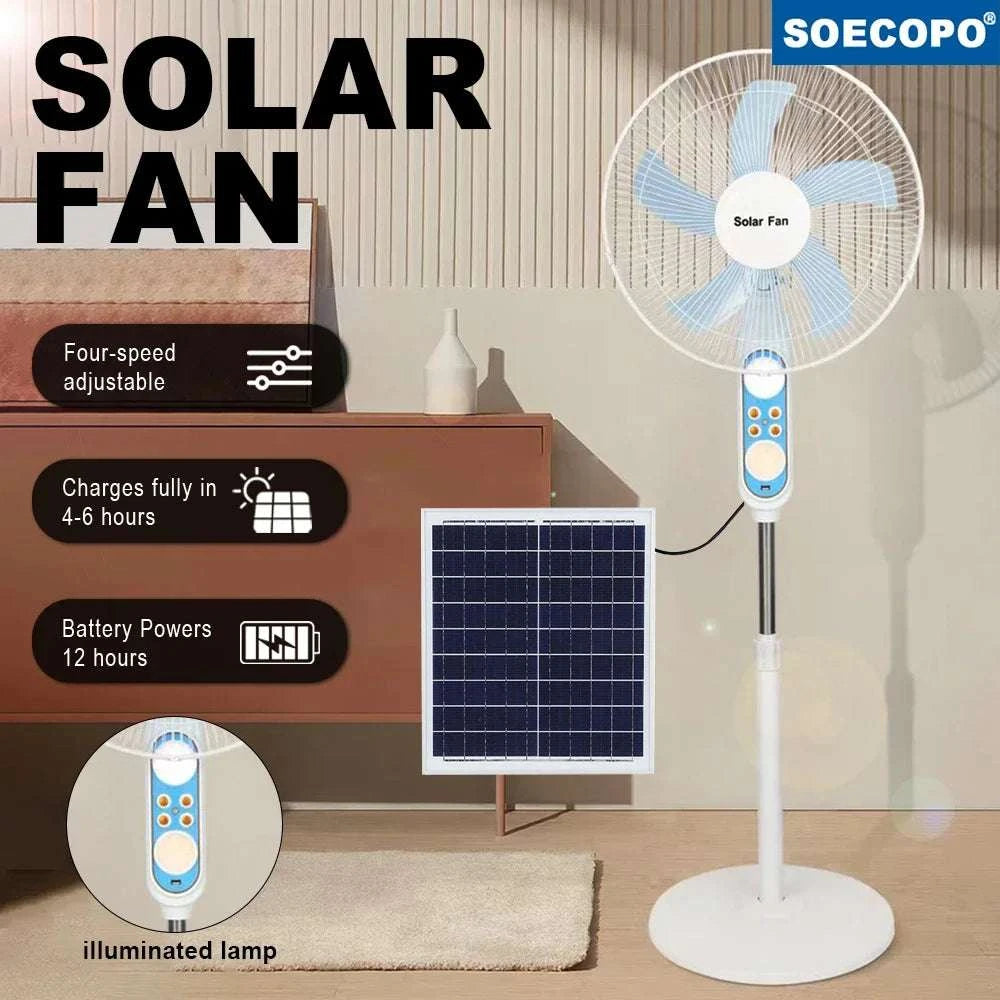 Solar Powered Floor Fan with Remote, 12H Runtime & LED Light-solar fan