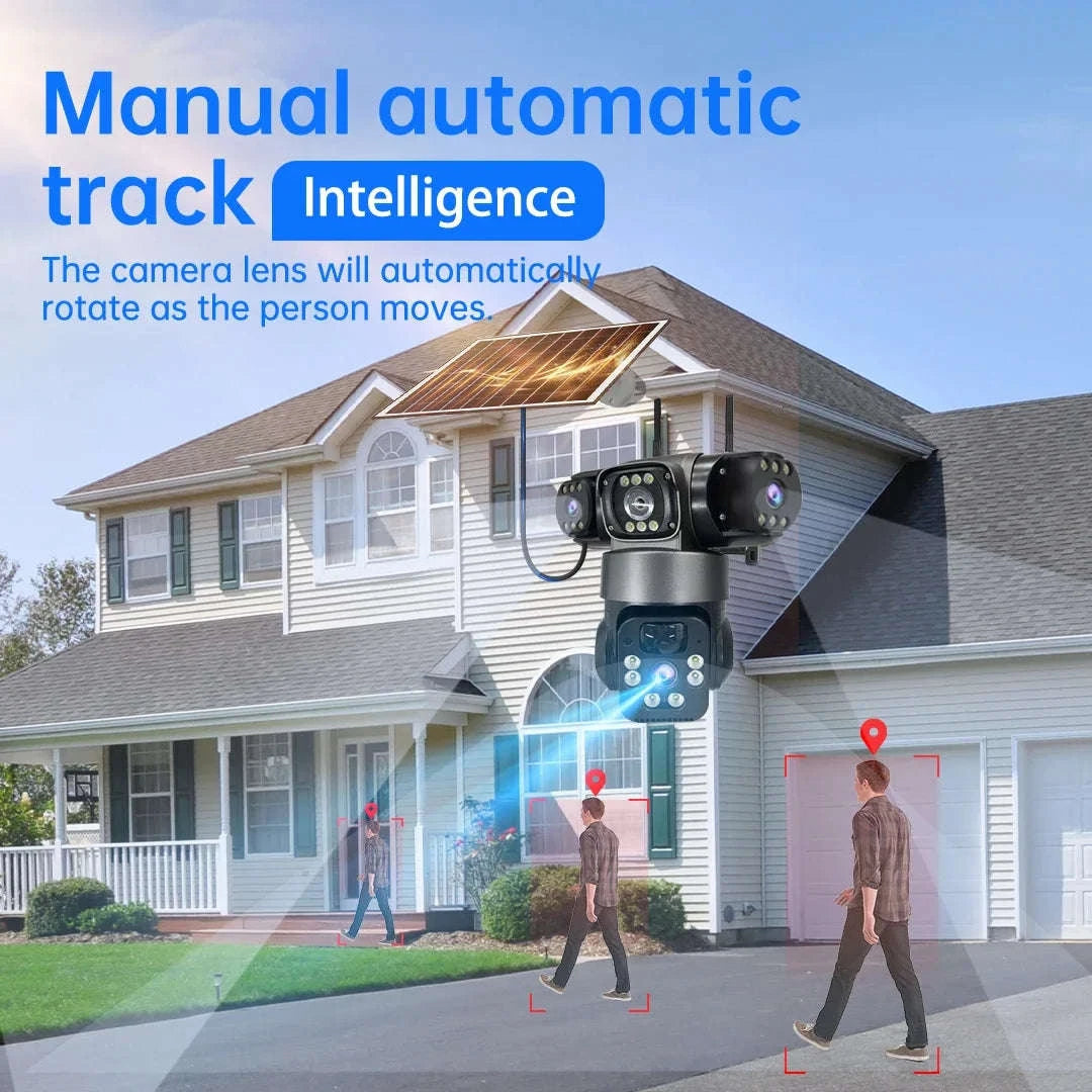 Solar PTZ Security Camera with Triple Lens and Triple Screens-4G Sim Cam 256g Card