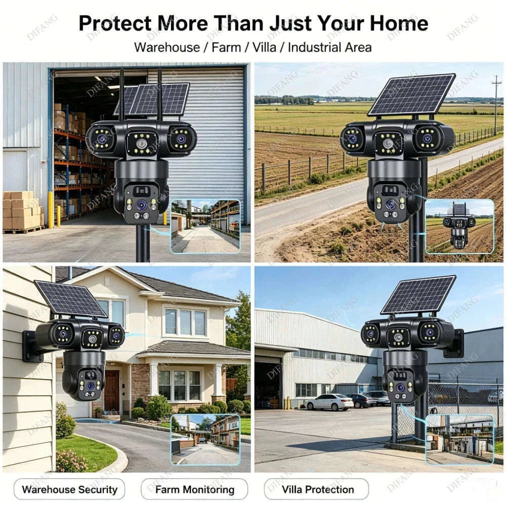 Solar PTZ Security Camera with Triple Lens and Triple Screens-4G Sim Cam 256g Card