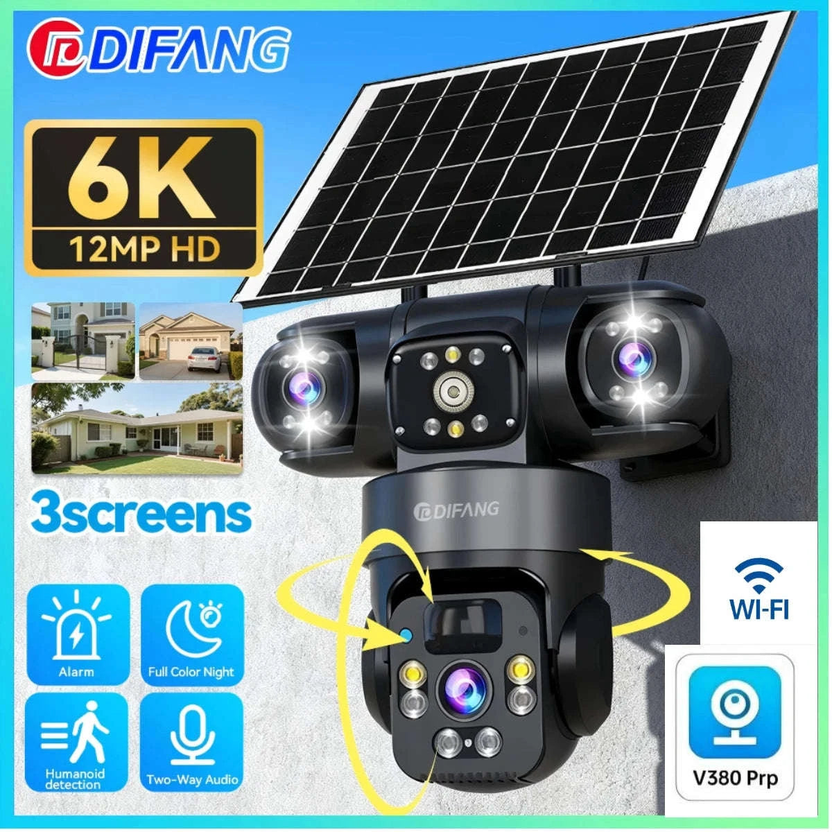 Solar PTZ Security Camera with Triple Lens and Triple Screens-4G Sim Cam 256g Card