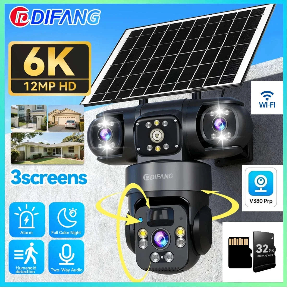 Solar PTZ Security Camera with Triple Lens and Triple Screens-4G Sim Cam 256g Card