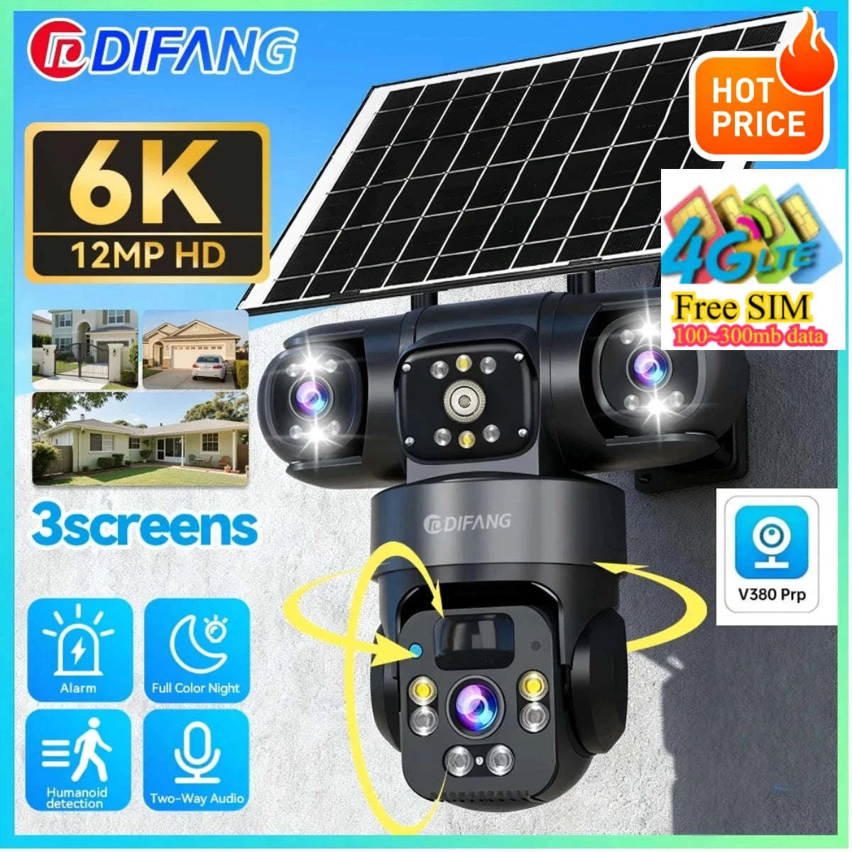 Solar PTZ Security Camera with Triple Lens and Triple Screens-4G Sim Cam 256g Card